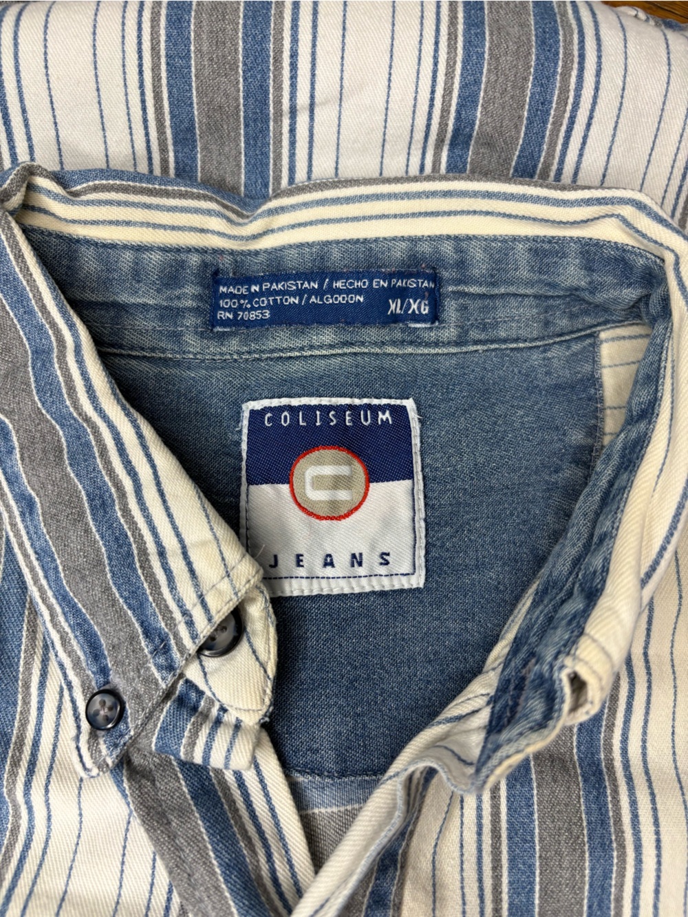 Vintage Coliseum Men's XL Short-Sleeve Button-Up Stripe Shirt Blue White Gray - Picture 2 of 16